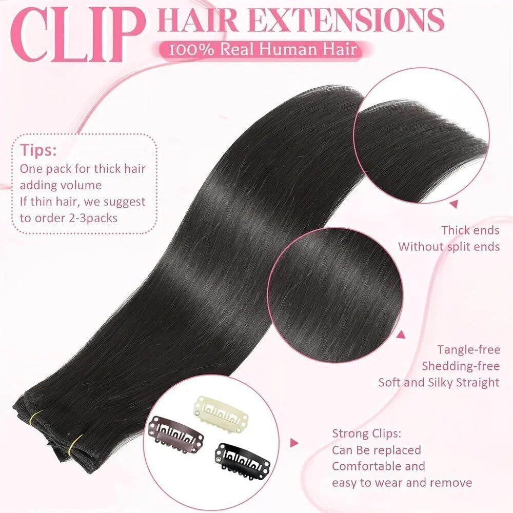 Clip in Hair Extensions Real Human Hair, 100g/3.6oz, Clip in 100% Brazilian Remy